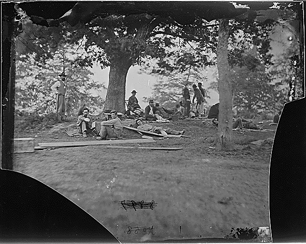 Wounded soldiers under trees, Marye's Heights, Fredericksburg, Pennsylvania.  Photo courtesy of the IUPUI archive library.